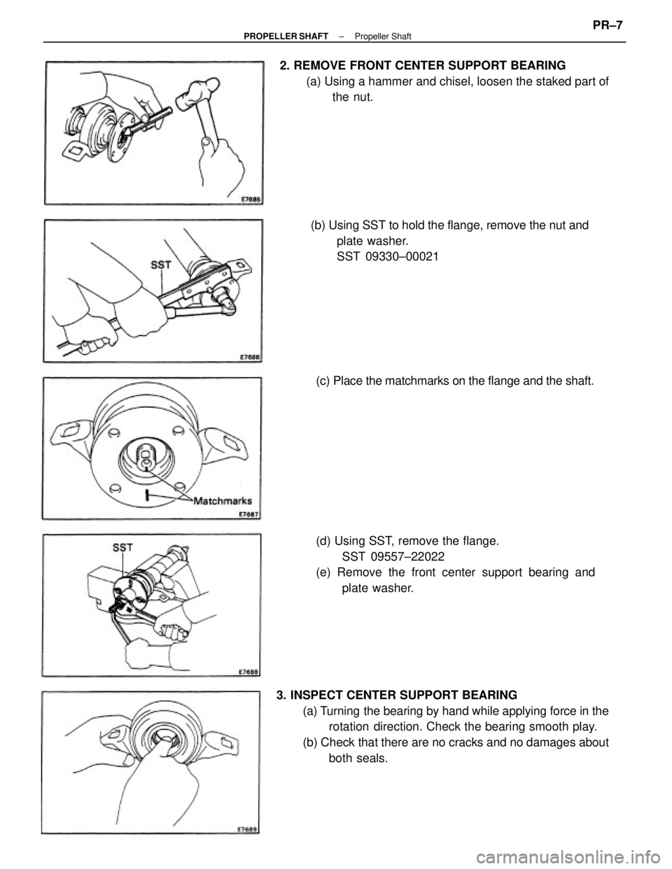 TOYOTA CAMRY V20 1986  Service Information 3. INSPECT CENTER SUPPORT BEARING
(a) Turning the bearing by hand while applying force in the
rotation direction. Check the bearing smooth play.
(b) Check that there are no cracks and no damages about
