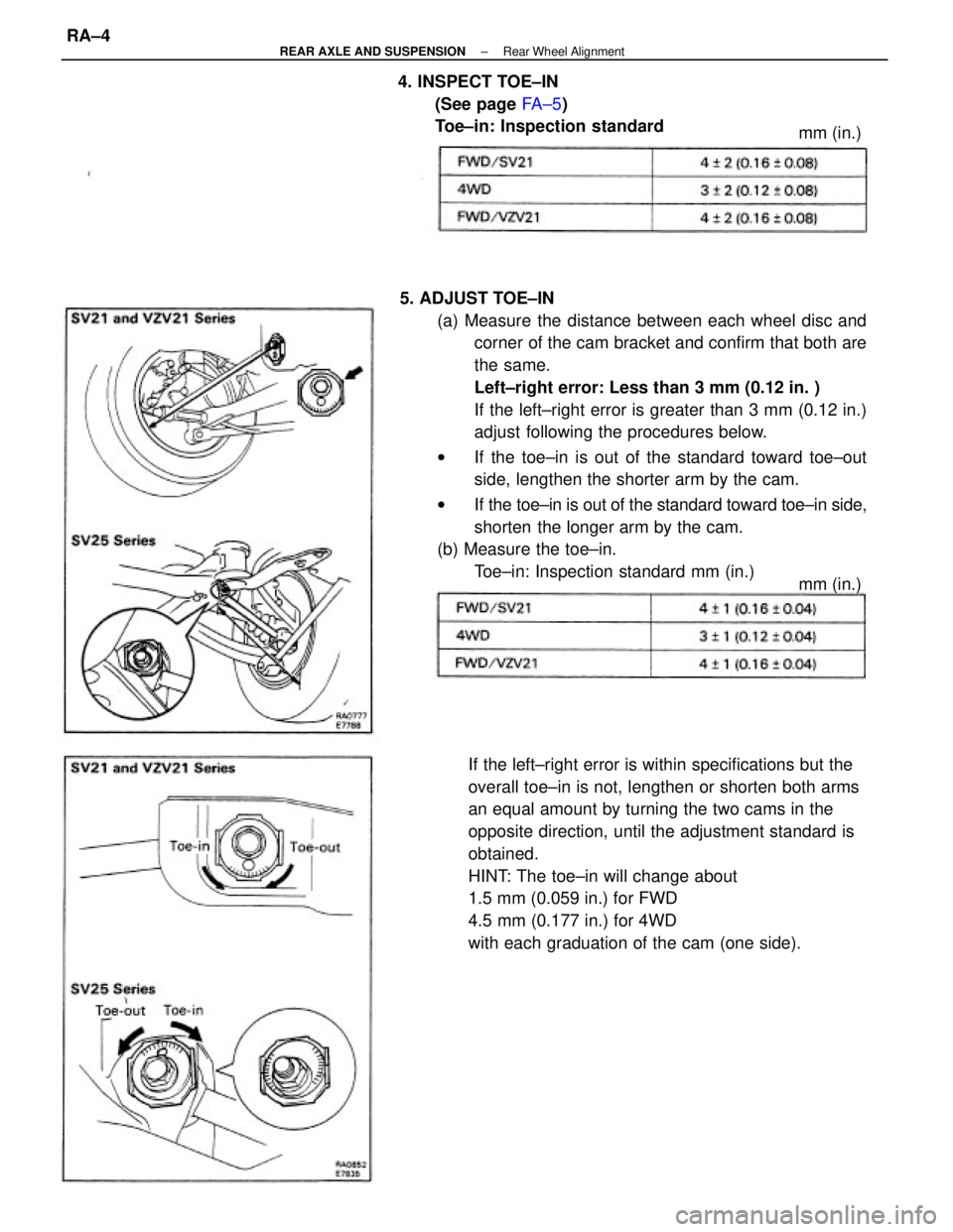 TOYOTA CAMRY V20 1986 Service Information 5. ADJUST TOE±IN
(a) Measure the distance between each wheel disc and
corner of the cam bracket and confirm that both are
the same.
Left±right error: Less than 3 mm (0.12 in. )
If the left±right er TOYOTA CAMRY V20 1986 Service Information 5. ADJUST TOE±IN
(a) Measure the distance between each wheel disc and
corner of the cam bracket and confirm that both are
the same.
Left±right error: Less than 3 mm (0.12 in. )
If the left±right er