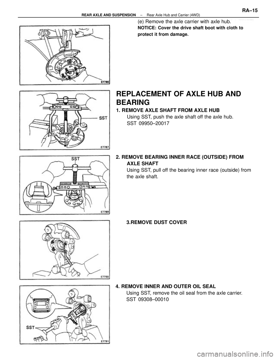 TOYOTA CAMRY V20 1986  Service Information REPLACEMENT OF AXLE HUB AND
BEARING
1. REMOVE AXLE SHAFT FROM AXLE HUB
Using SST, push the axle shaft off the axle hub.
SST 09950±20017
2. REMOVE BEARING INNER RACE (OUTSIDE) FROM
AXLE SHAFT
Using SS