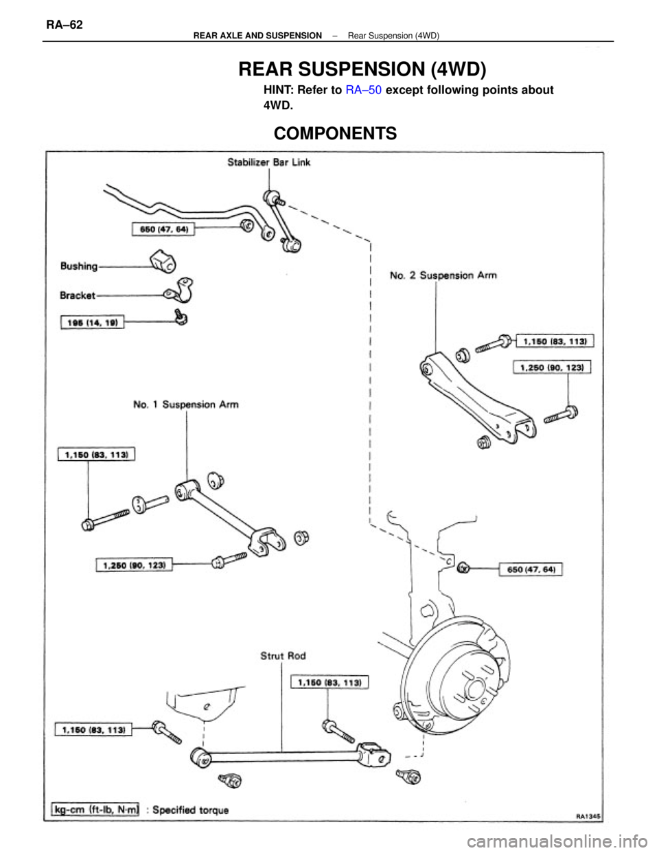 TOYOTA CAMRY V20 1986  Service Information REAR SUSPENSION (4WD)
HINT: Refer to RA±50 except following points about
4WD.
COMPONENTS
± REAR AXLE AND SUSPENSIONRear Suspension (4WD)RA±62 