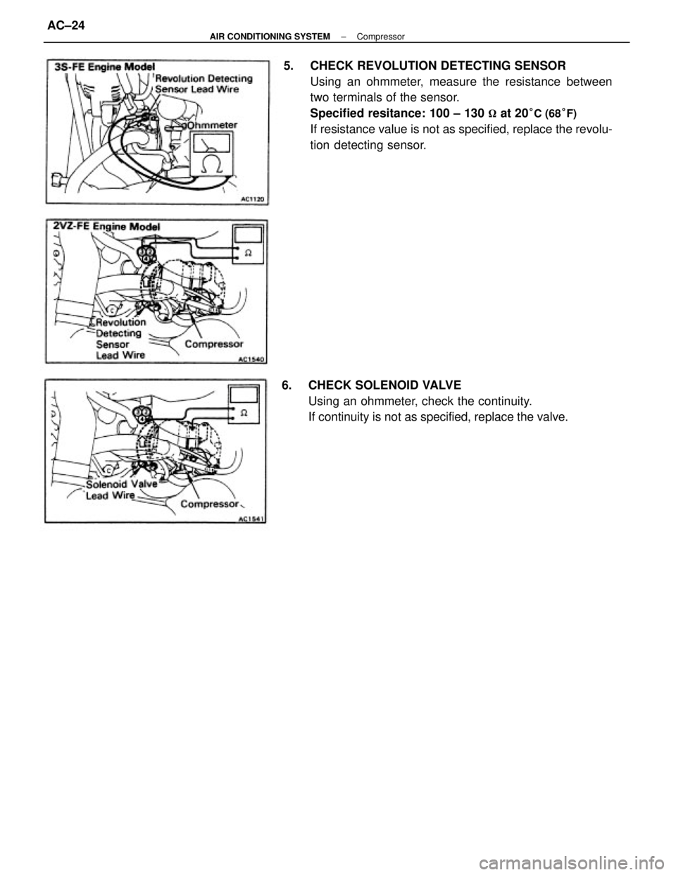 TOYOTA CAMRY V20 1986  Service Information 5.  CHECK REVOLUTION DETECTING SENSOR
Using an ohmmeter, measure the resistance between
two terminals of the sensor.
Specified resitance: 100 ± 130 
 at 20°C (68°F)
If resistance value is not as s