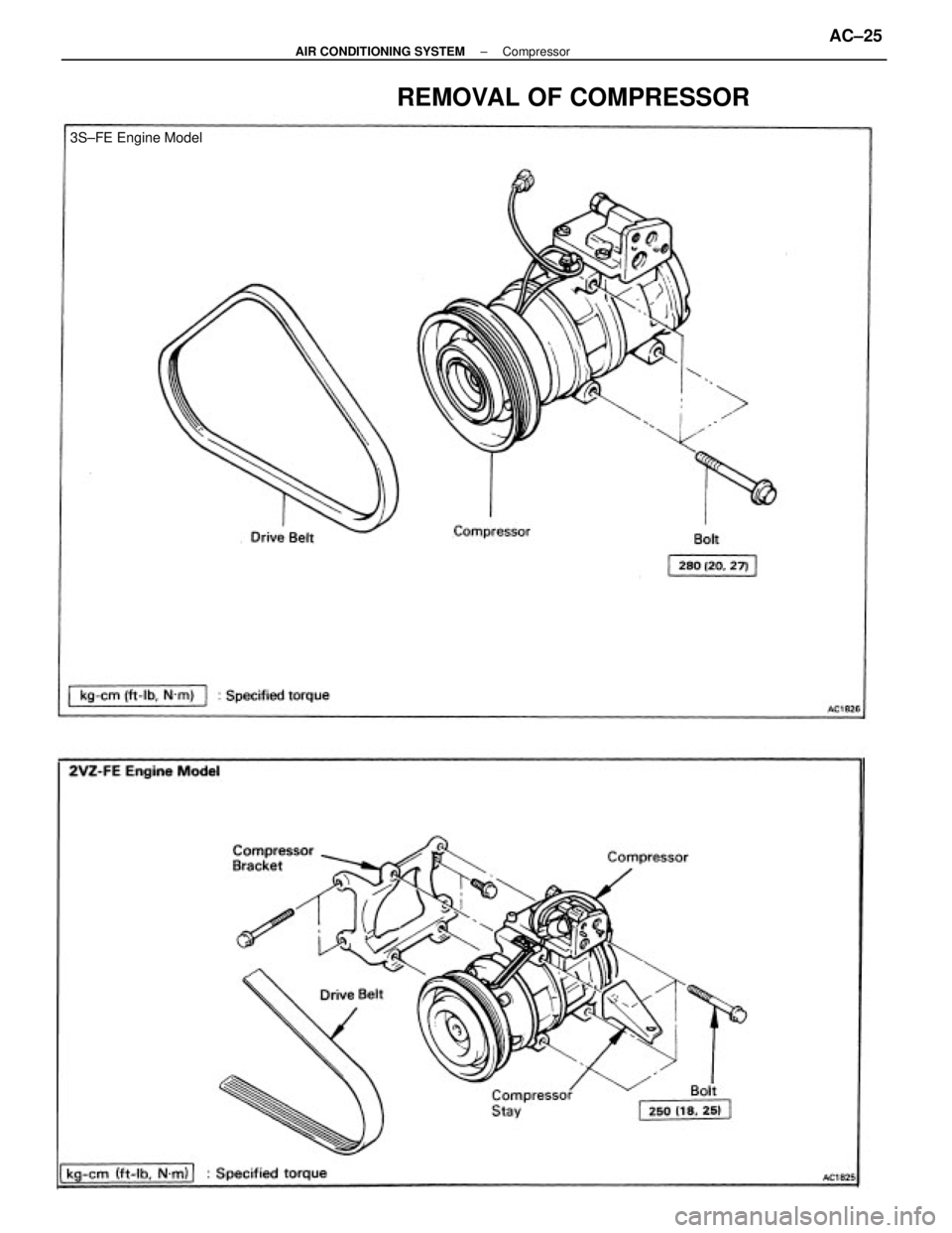 TOYOTA CAMRY V20 1986 Service Information REMOVAL OF COMPRESSOR
3S±FE Engine Model
± AIR CONDITIONING SYSTEMCompressorAC±25 TOYOTA CAMRY V20 1986 Service Information REMOVAL OF COMPRESSOR
3S±FE Engine Model
± AIR CONDITIONING SYSTEMCompressorAC±25