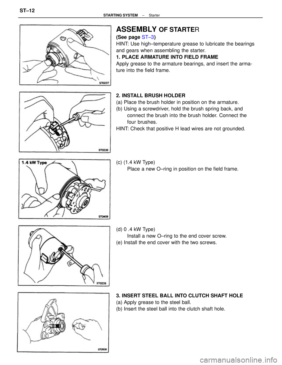TOYOTA CAMRY V20 1986 Service Information ASSEMBLY OF STARTER
(See page ST±3)
HINT: Use high±temperature grease to lubricate the bearings
and gears when assembling the starter.
1. PLACE ARMATURE INTO FIELD FRAME
Apply grease to the armature TOYOTA CAMRY V20 1986 Service Information ASSEMBLY OF STARTER
(See page ST±3)
HINT: Use high±temperature grease to lubricate the bearings
and gears when assembling the starter.
1. PLACE ARMATURE INTO FIELD FRAME
Apply grease to the armature