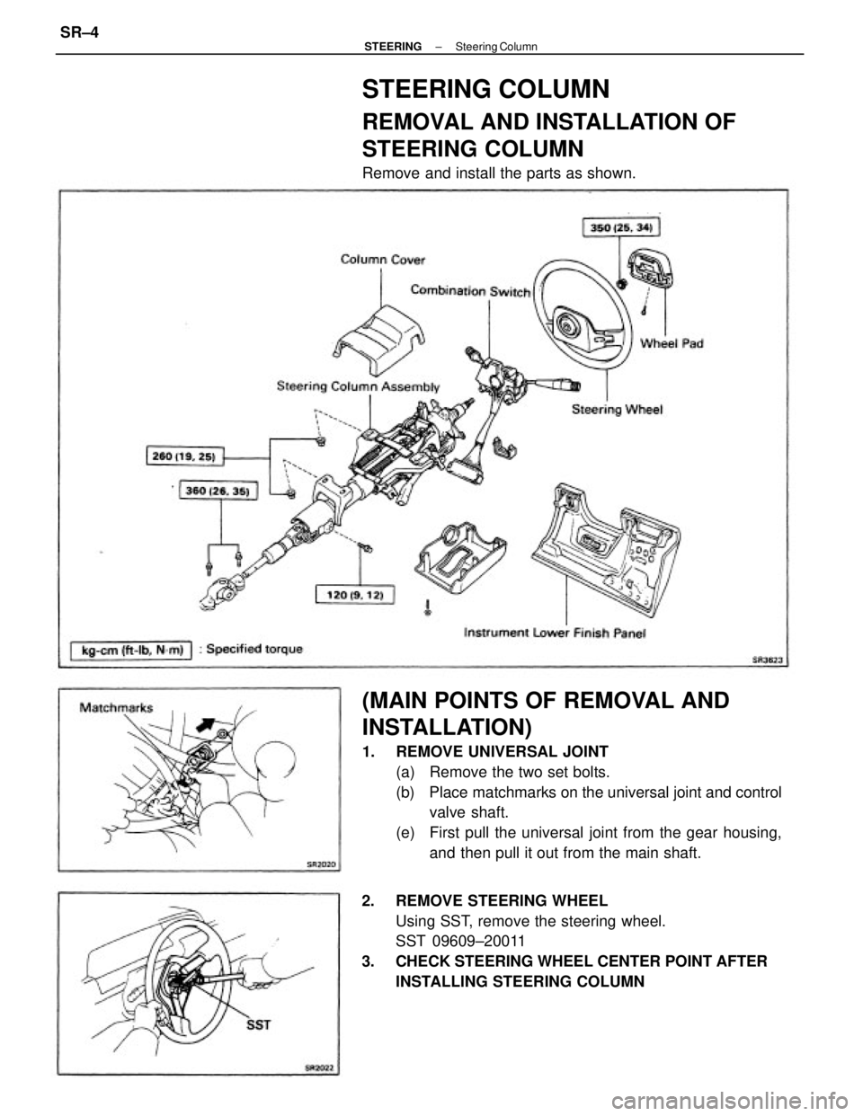 TOYOTA CAMRY V20 1986 Service Information (MAIN POINTS OF REMOVAL AND
INSTALLATION)
1. REMOVE UNIVERSAL JOINT
(a) Remove the two set bolts.
(b) Place matchmarks on the universal joint and control
valve shaft.
(e) First pull the universal TOYOTA CAMRY V20 1986 Service Information (MAIN POINTS OF REMOVAL AND
INSTALLATION)
1. REMOVE UNIVERSAL JOINT
(a) Remove the two set bolts.
(b) Place matchmarks on the universal joint and control
valve shaft.
(e) First pull the universal