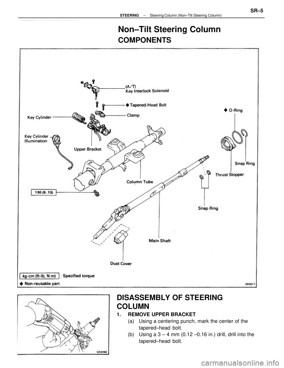 TOYOTA CAMRY V20 1986 Service Information DISASSEMBLY OF STEERING
COLUMN
1. REMOVE UPPER BRACKET
(a) Using a centering punch, mark the center of the
tapered±head bolt.
(b) Using a 3 ± 4 mm (0.12 ±0.16 in.) drill, drill into the
tapered TOYOTA CAMRY V20 1986 Service Information DISASSEMBLY OF STEERING
COLUMN
1. REMOVE UPPER BRACKET
(a) Using a centering punch, mark the center of the
tapered±head bolt.
(b) Using a 3 ± 4 mm (0.12 ±0.16 in.) drill, drill into the
taperedÂ