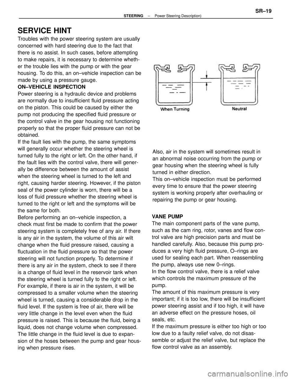 TOYOTA CAMRY V20 1986 Service Information SERVICE HINT
Troubles with the power steering system are usually
concerned with hard steering due to the fact that
there is no assist. In such cases, before attempting
to make repairs, it is necessary TOYOTA CAMRY V20 1986 Service Information SERVICE HINT
Troubles with the power steering system are usually
concerned with hard steering due to the fact that
there is no assist. In such cases, before attempting
to make repairs, it is necessary