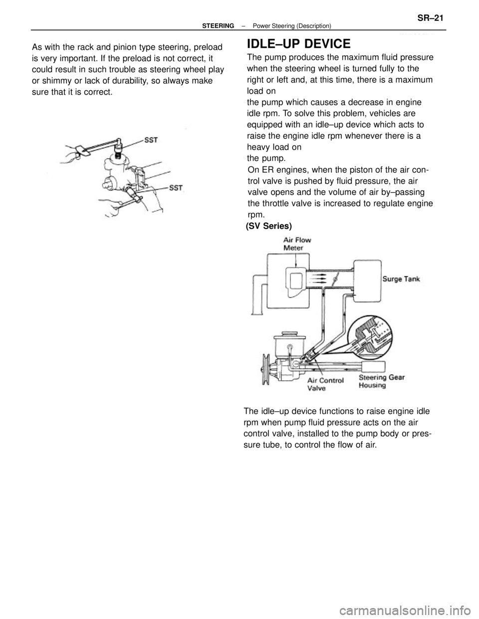 TOYOTA CAMRY V20 1986 Service Information IDLE±UP DEVICE
The pump produces the maximum fluid pressure
when the steering wheel is turned fully to the
right or left and, at this time, there is a maximum
load on
the pump which causes a decrease TOYOTA CAMRY V20 1986 Service Information IDLE±UP DEVICE
The pump produces the maximum fluid pressure
when the steering wheel is turned fully to the
right or left and, at this time, there is a maximum
load on
the pump which causes a decrease
