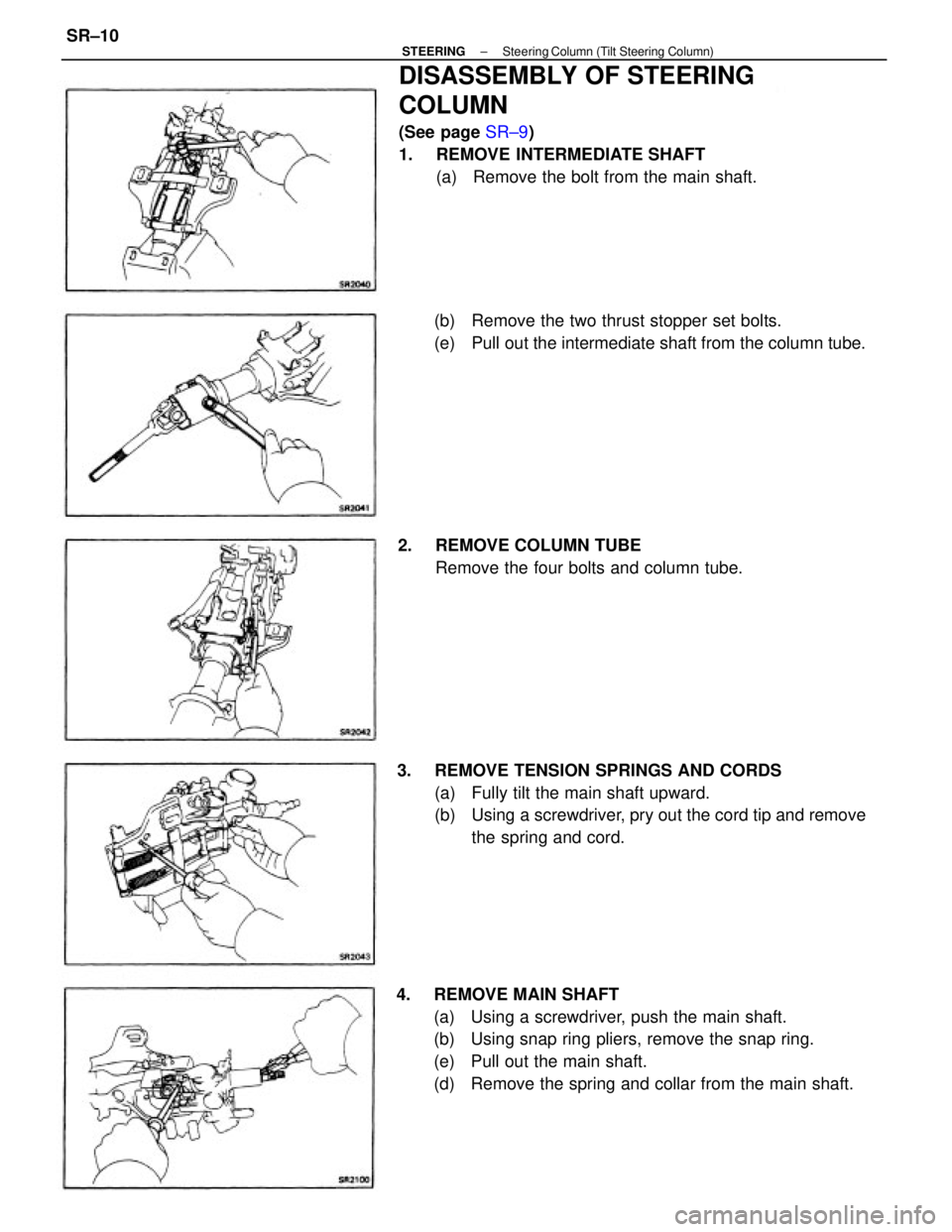 TOYOTA CAMRY V20 1986 Service Information 4. REMOVE MAIN SHAFT
(a) Using a screwdriver, push the main shaft.
(b) Using snap ring pliers, remove the snap ring.
(e) Pull out the main shaft.
(d) Remove the spring and collar from the main sh TOYOTA CAMRY V20 1986 Service Information 4. REMOVE MAIN SHAFT
(a) Using a screwdriver, push the main shaft.
(b) Using snap ring pliers, remove the snap ring.
(e) Pull out the main shaft.
(d) Remove the spring and collar from the main sh