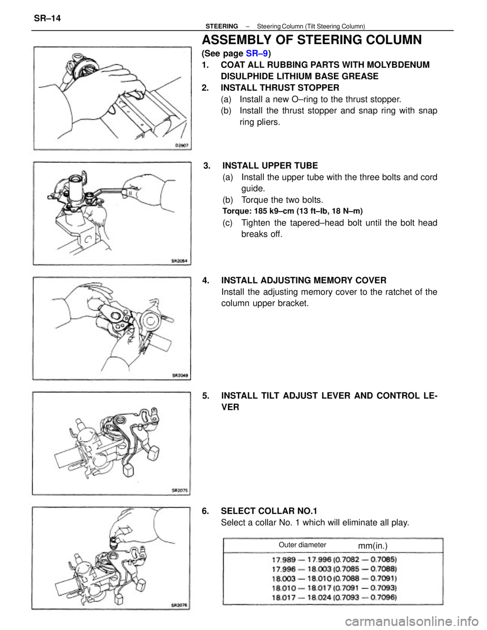 TOYOTA CAMRY V20 1986 Service Information ASSEMBLY OF STEERING COLUMN
(See page SR±9)
1. COAT ALL RUBBING PARTS WITH MOLYBDENUM
DISULPHIDE LITHIUM BASE GREASE
2. INSTALL THRUST STOPPER
(a) Install a new O±ring to the thrust stopper.
(b) TOYOTA CAMRY V20 1986 Service Information ASSEMBLY OF STEERING COLUMN
(See page SR±9)
1. COAT ALL RUBBING PARTS WITH MOLYBDENUM
DISULPHIDE LITHIUM BASE GREASE
2. INSTALL THRUST STOPPER
(a) Install a new O±ring to the thrust stopper.
(b)