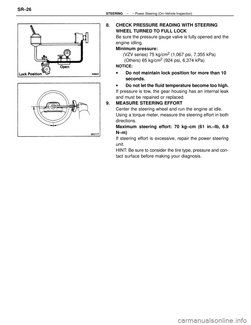 TOYOTA CAMRY V20 1986 Service Information 8. CHECK PRESSURE READING WITH STEERING
WHEEL TURNED TO FULL LOCK
Be sure the pressure gauge valve is fully opened and the
engine idling.
Minimum pressure:
(VZV series) 75 kg/cm
2 (1,06 TOYOTA CAMRY V20 1986 Service Information 8. CHECK PRESSURE READING WITH STEERING
WHEEL TURNED TO FULL LOCK
Be sure the pressure gauge valve is fully opened and the
engine idling.
Minimum pressure:
(VZV series) 75 kg/cm
2 (1,06