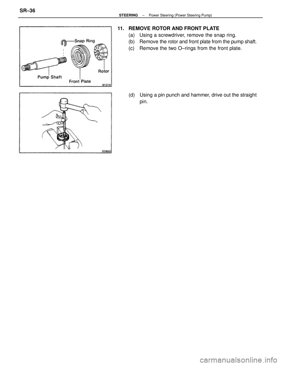TOYOTA CAMRY V20 1986  Service Information 11.  REMOVE ROTOR AND FRONT PLATE
(a)  Using a screwdriver, remove the snap ring.
(b)  Remove the rotor and front plate from the pump shaft.
(c)  Remove the two O±rings from the front plate.
(d)  Usi