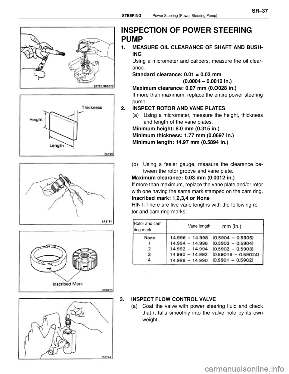 TOYOTA CAMRY V20 1986 Service Information INSPECTION OF POWER STEERING
PUMP
1. MEASURE OIL CLEARANCE OF SHAFT AND BUSH-
ING
Using a micrometer and calipers, measure the oil clear-
ance.
Standard clearance: 0.01 = 0.03 mm
TOYOTA CAMRY V20 1986 Service Information INSPECTION OF POWER STEERING
PUMP
1. MEASURE OIL CLEARANCE OF SHAFT AND BUSH-
ING
Using a micrometer and calipers, measure the oil clear-
ance.
Standard clearance: 0.01 = 0.03 mm