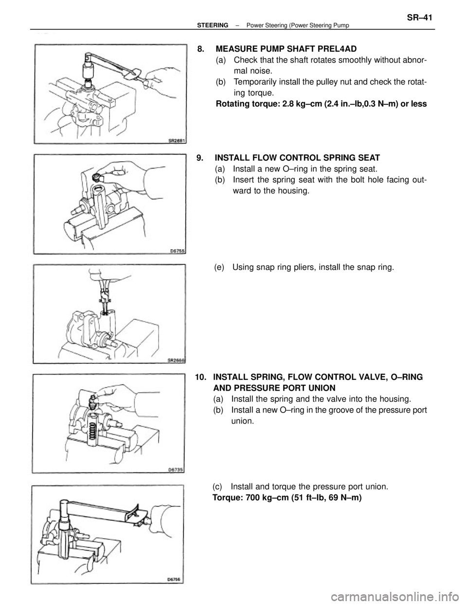 TOYOTA CAMRY V20 1986  Service Information 8.  MEASURE PUMP SHAFT PREL4AD
(a)  Check that the shaft rotates smoothly without abnor-
mal noise.
(b)  Temporarily install the pulley nut and check the rotat-
ing torque.
Rotating torque: 2.8 kg±cm