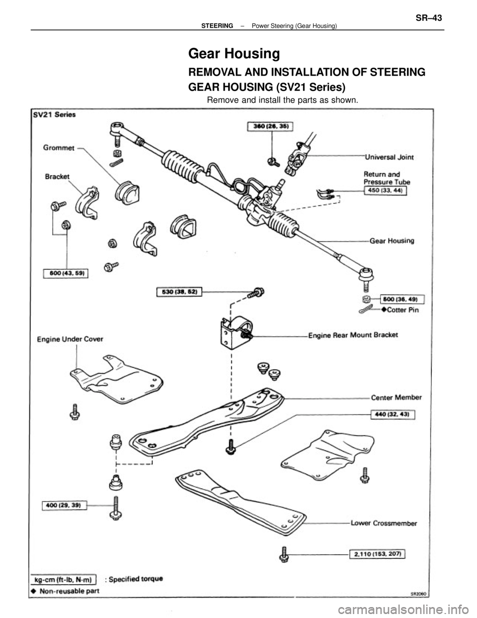 TOYOTA CAMRY V20 1986  Service Information Gear Housing
REMOVAL AND INSTALLATION OF STEERING
GEAR HOUSING (SV21 Series)
Remove and install the parts as shown.
± STEERINGPower Steering (Gear Housing)SR±43 