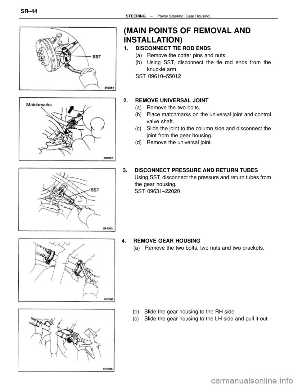 TOYOTA CAMRY V20 1986  Service Information (MAIN POINTS OF REMOVAL AND
INSTALLATION)
1.  DISCONNECT TIE ROD ENDS
(a)  Remove the cotter pins and nuts.
(b)  Using SST, disconnect the tie rod ends from the
knuckle arm.
SST 09610±55012
2.  REMOV