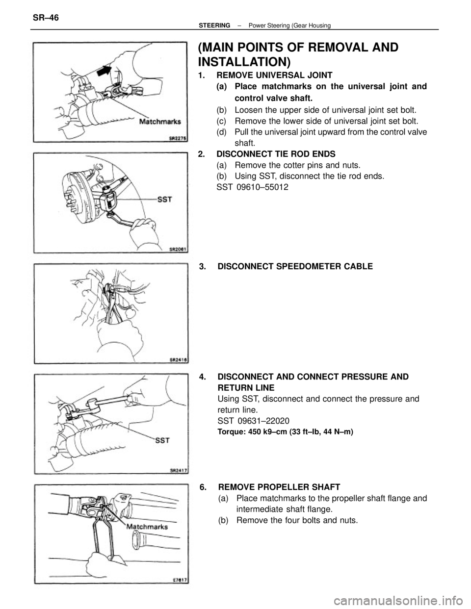 TOYOTA CAMRY V20 1986  Service Information (MAIN POINTS OF REMOVAL AND
INSTALLATION)
1.  REMOVE UNIVERSAL JOINT
(a)  Place matchmarks on the universal joint and
control valve shaft.
(b)  Loosen the upper side of universal joint set bolt.
(c)  