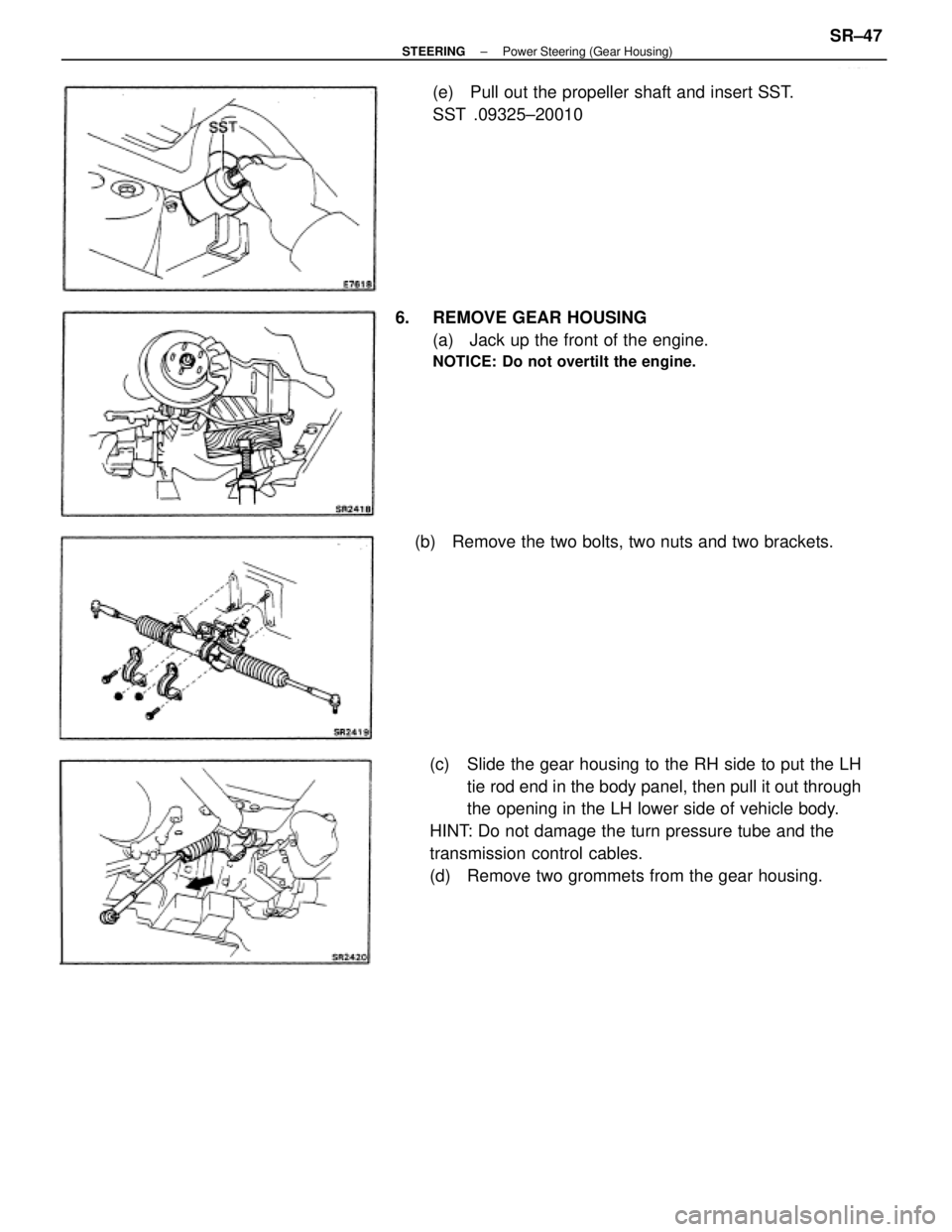 TOYOTA CAMRY V20 1986  Service Information (c)  Slide the gear housing to the RH side to put the LH
tie rod end in the body panel, then pull it out through
the opening in the LH lower side of vehicle body.
HINT: Do not damage the turn pressure
