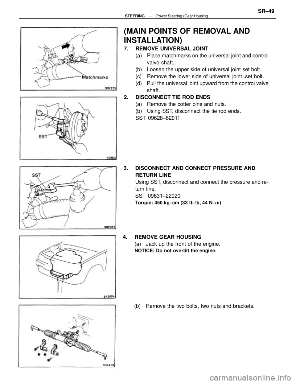 TOYOTA CAMRY V20 1986  Service Information (MAIN POINTS OF REMOVAL AND
INSTALLATION)
7.  REMOVE UNIVERSAL JOINT
(a)  Place matchmarks on the universal joint and control
valve shaft.
(b)  Loosen the upper side of universal joint set bolt.
(c)  