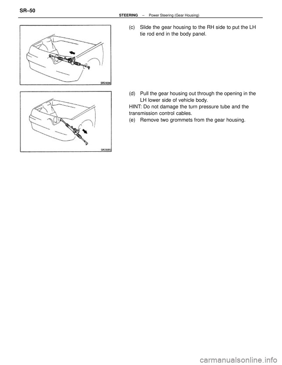 TOYOTA CAMRY V20 1986  Service Information (d)  Pull the gear housing out through the opening in the
LH lower side of vehicle body.
HINT: Do not damage the turn pressure tube and the
transmission control cables.
(e)  Remove two grommets from t