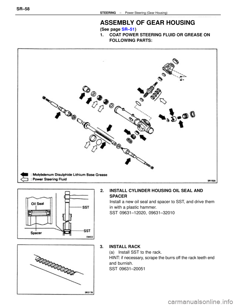 TOYOTA CAMRY V20 1986  Service Information 3. INSTALL RACK
(a)  Install SST to the rack.
HINT: if necessary, scrape the burrs off the rack teeth end
and burnish.
SST 09631±20051 2.  INSTALL CYLINDER HOUSING OIL SEAL AND
SPACER
Install a new o