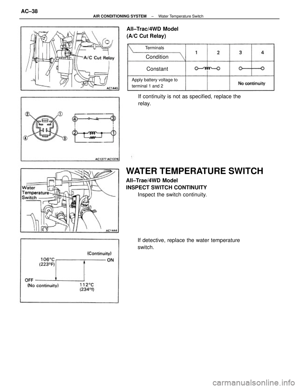 TOYOTA CAMRY V20 1986 Service Information WATER TEMPERATURE SWITCH
All±Trae/4WD Model
INSPECT SWITCH CONTINUITY
Inspect the switch continuity.
If detective, replace the water temperature
switch.If continuity is not as specified, replace the
TOYOTA CAMRY V20 1986 Service Information WATER TEMPERATURE SWITCH
All±Trae/4WD Model
INSPECT SWITCH CONTINUITY
Inspect the switch continuity.
If detective, replace the water temperature
switch.If continuity is not as specified, replace the