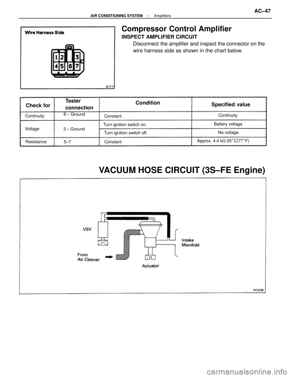 TOYOTA CAMRY V20 1986  Service Information Compressor Control Amplifier
INSPECT AMPLIFIER CIRCUIT
Disconnect  the amplifier and inspect the connector on the
wire harness side as shown in the chart below.
VACUUM HOSE CIRCUIT (3S±FE Engine)
App