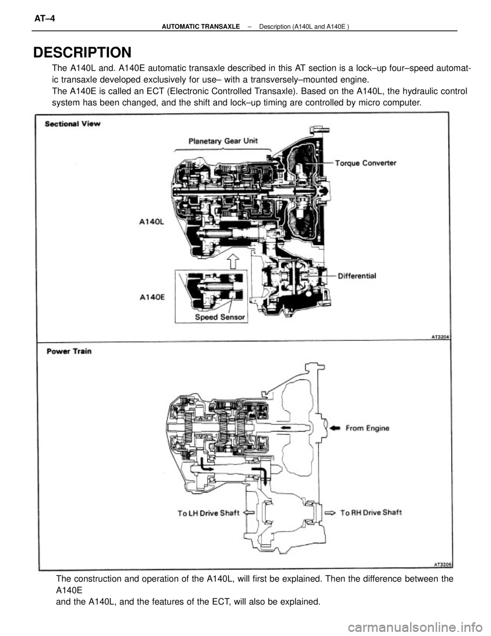 TOYOTA CAMRY V20 1986  Service Information DESCRIPTION
The A140L and. A140E automatic transaxle described in this AT section is a lock±up four±speed automat-
ic transaxle developed exclusively for use± with a transversely±mounted engine.
T