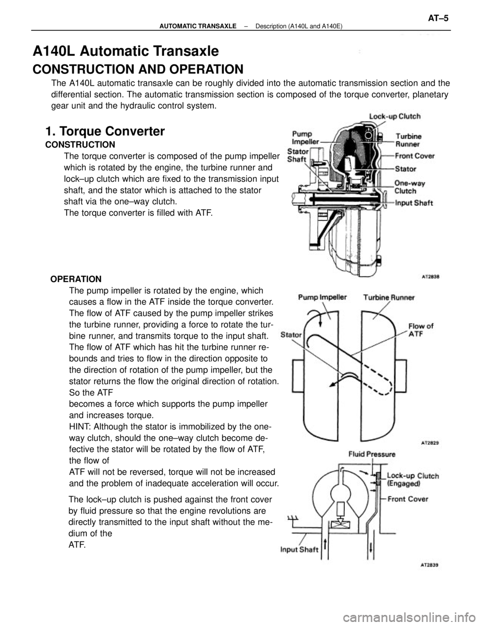 TOYOTA CAMRY V20 1986 Service Information A140L Automatic Transaxle
CONSTRUCTION AND OPERATION
The A140L automatic transaxle can be roughly divided into the automatic transmission section and the
differential section. The automatic transmissi TOYOTA CAMRY V20 1986 Service Information A140L Automatic Transaxle
CONSTRUCTION AND OPERATION
The A140L automatic transaxle can be roughly divided into the automatic transmission section and the
differential section. The automatic transmissi