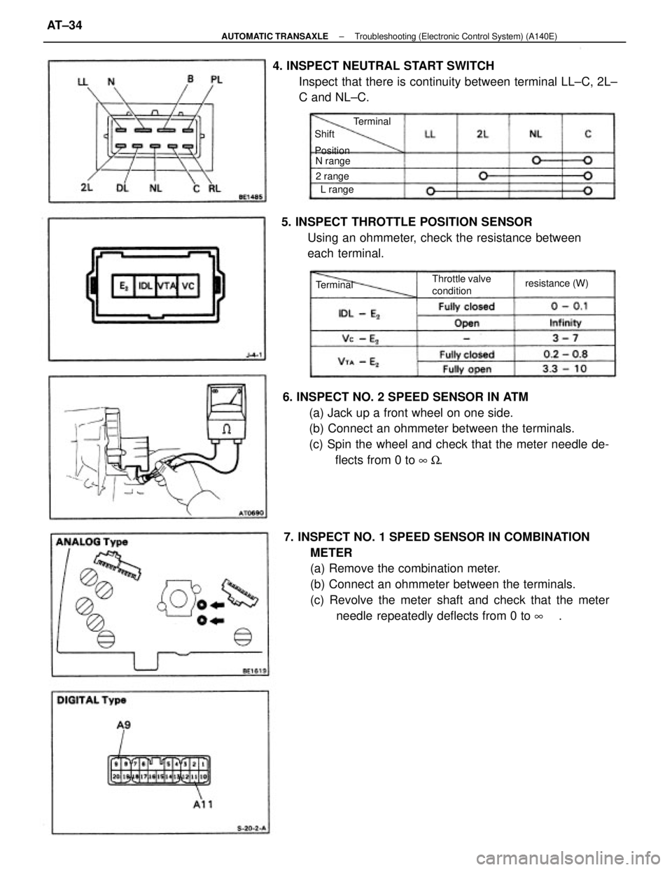 TOYOTA CAMRY V20 1986 Service Information 7. INSPECT NO. 1 SPEED SENSOR IN COMBINATION
METER
(a) Remove the combination meter.
(b) Connect an ohmmeter between the terminals.
(c) Revolve the meter shaft and check that the meter
needle repeate TOYOTA CAMRY V20 1986 Service Information 7. INSPECT NO. 1 SPEED SENSOR IN COMBINATION
METER
(a) Remove the combination meter.
(b) Connect an ohmmeter between the terminals.
(c) Revolve the meter shaft and check that the meter
needle repeate