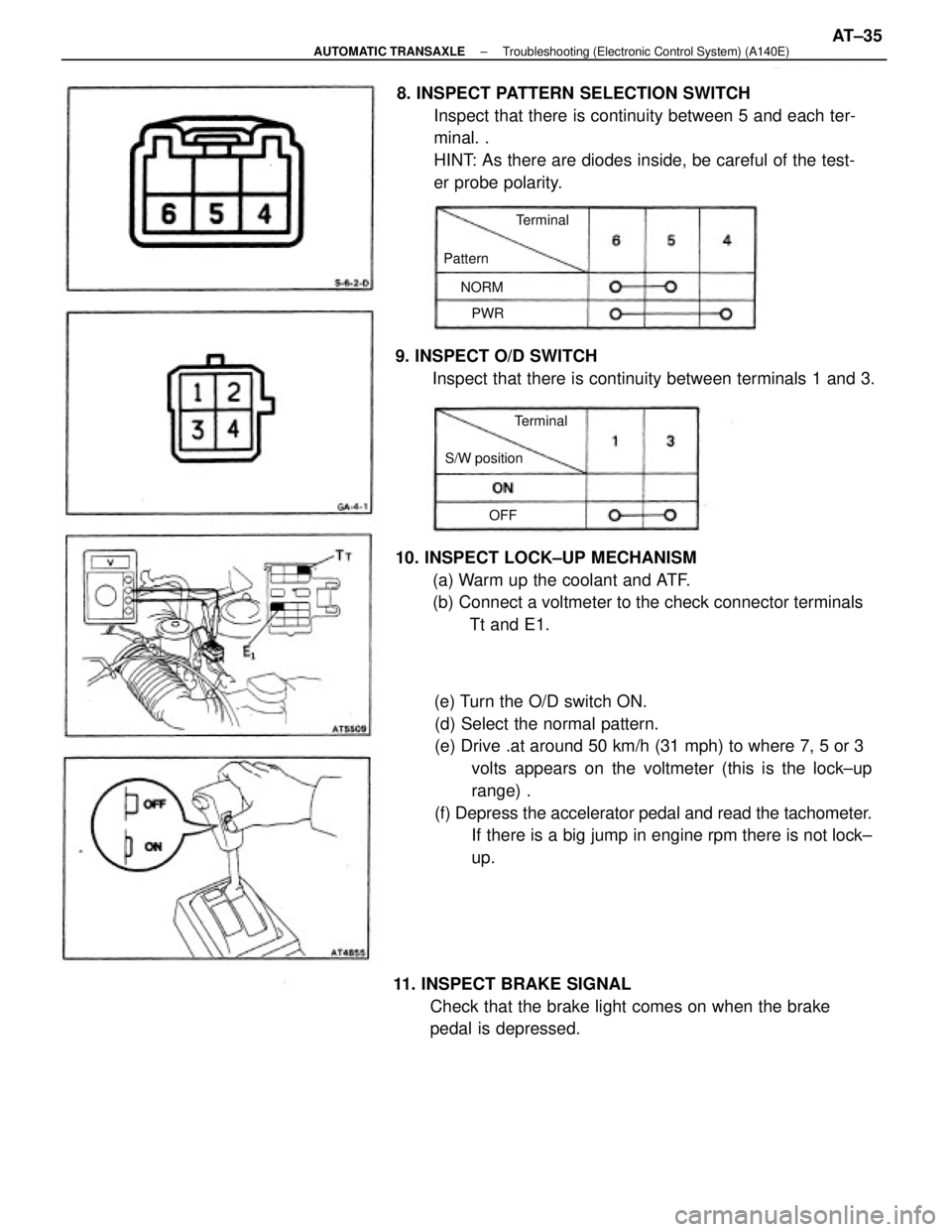 TOYOTA CAMRY V20 1986 Service Information (e) Turn the O/D switch ON.
(d) Select the normal pattern.
(e) Drive .at around 50 km/h (31 mph) to where 7, 5 or 3
volts appears on the voltmeter (this is the lock±up
range) .
(f) Depress the accele TOYOTA CAMRY V20 1986 Service Information (e) Turn the O/D switch ON.
(d) Select the normal pattern.
(e) Drive .at around 50 km/h (31 mph) to where 7, 5 or 3
volts appears on the voltmeter (this is the lock±up
range) .
(f) Depress the accele