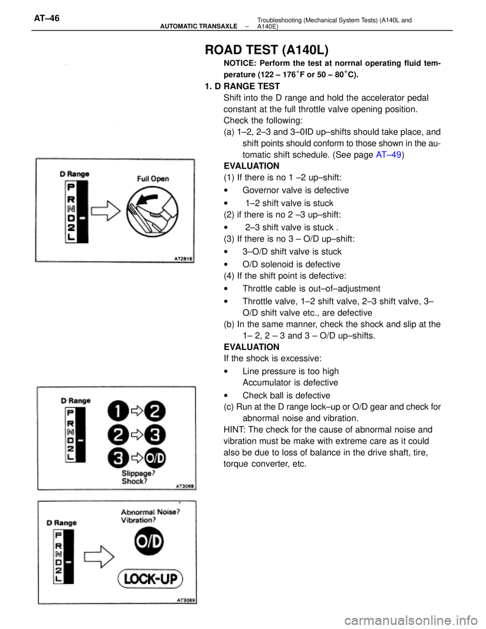 TOYOTA CAMRY V20 1986 Service Information ROAD TEST (A140L)
NOTICE: Perform the test at norrnal operating fluid tem-
perature (122 ± 176°F or 50 ± 80°C).
1. D RANGE TEST
Shift into the D range and hold the accelerator pedal
constant at th TOYOTA CAMRY V20 1986 Service Information ROAD TEST (A140L)
NOTICE: Perform the test at norrnal operating fluid tem-
perature (122 ± 176°F or 50 ± 80°C).
1. D RANGE TEST
Shift into the D range and hold the accelerator pedal
constant at th