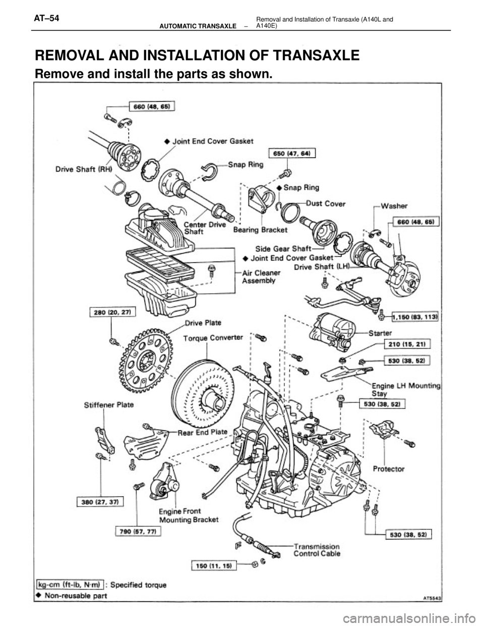 TOYOTA CAMRY V20 1986 Service Information REMOVAL AND INSTALLATION OF TRANSAXLE
Remove and install the parts as shown.
± AUTOMATIC TRANSAXLERemoval and Installation of Transaxle (A140L and
A140E)AT±54 TOYOTA CAMRY V20 1986 Service Information REMOVAL AND INSTALLATION OF TRANSAXLE
Remove and install the parts as shown.
± AUTOMATIC TRANSAXLERemoval and Installation of Transaxle (A140L and
A140E)AT±54
