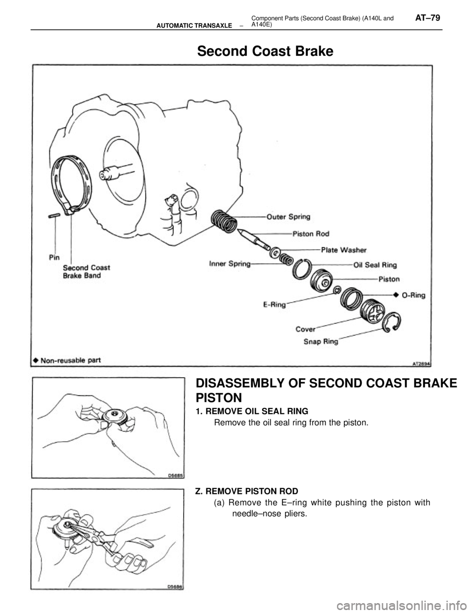 TOYOTA CAMRY V20 1986  Service Information DISASSEMBLY OF SECOND COAST BRAKE
PISTON
1. REMOVE OIL SEAL RING
Remove the oil seal ring from the piston.
Z. REMOVE PISTON ROD
(a) Remove the E±ring white pushing the piston with
needle±nose  plier