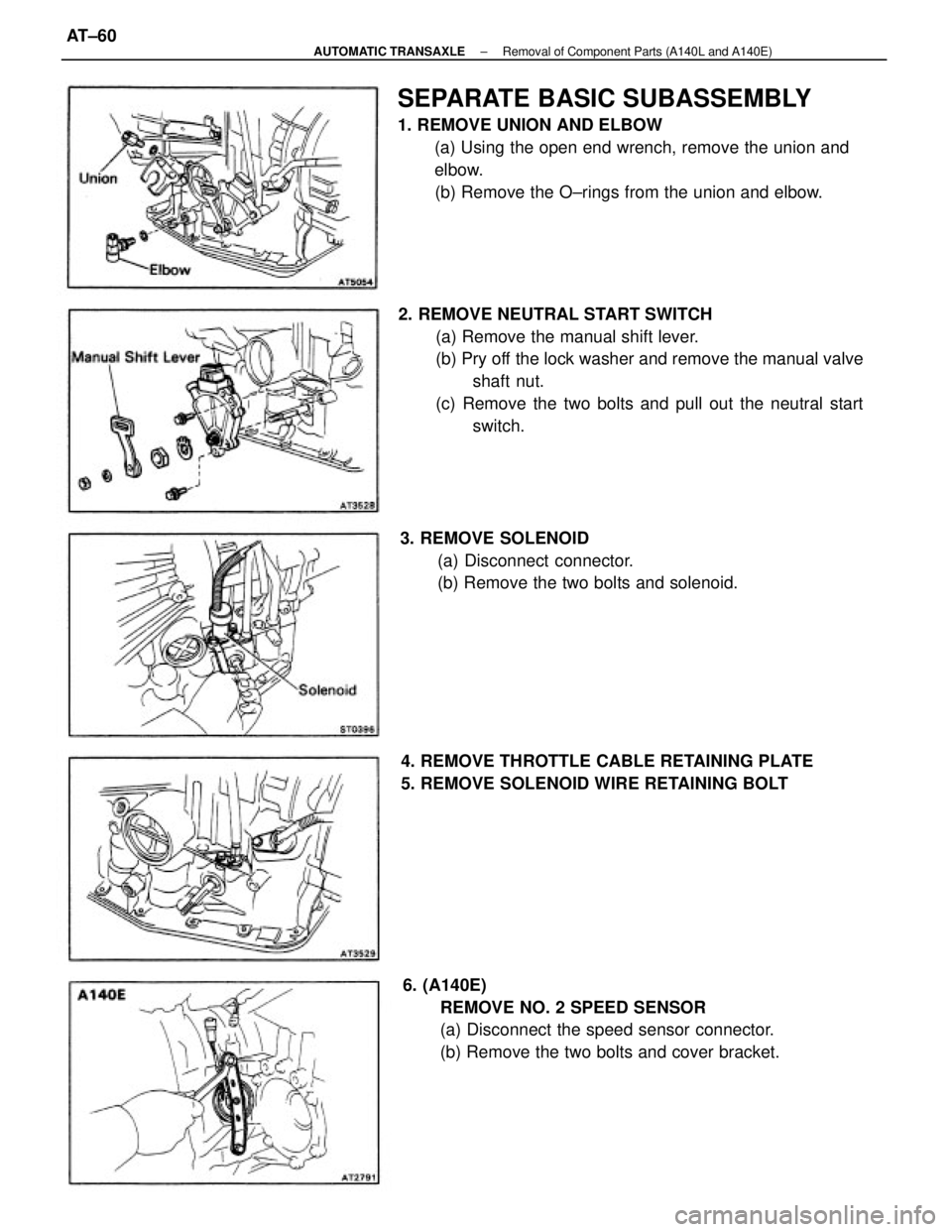 TOYOTA CAMRY V20 1986  Service Information 2. REMOVE NEUTRAL START SWITCH
(a) Remove the manual shift lever.
(b) Pry off the lock washer and remove the manual valve
shaft nut.
(c) Remove the two bolts and pull out the neutral start
switch.
SEP