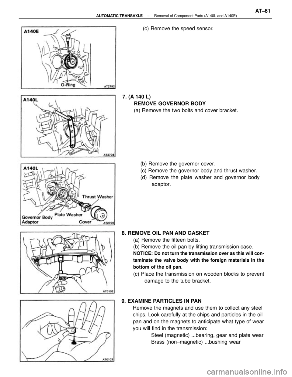 TOYOTA CAMRY V20 1986  Service Information 8. REMOVE OIL PAN AND GASKET
(a) Remove the fifteen bolts.
(b) Remove the oil pan by lifting transmission case.
NOTICE: Do not turn the transmission over as this will con-
taminate the valve body with