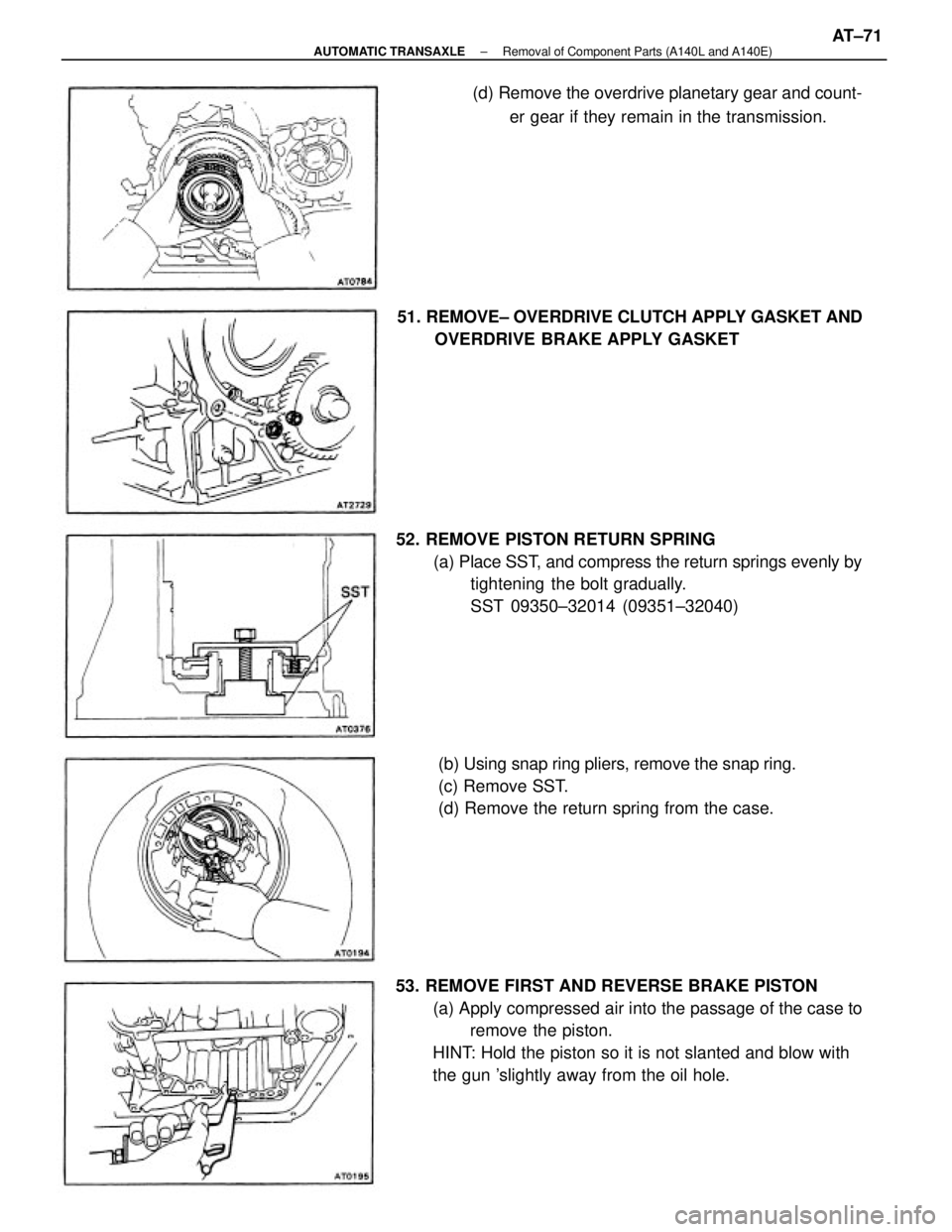 TOYOTA CAMRY V20 1986  Service Information 53. REMOVE FIRST AND REVERSE BRAKE PISTON
(a) Apply compressed air into the passage of the case to
remove the piston.
HINT: Hold the piston so it is not slanted and blow with
the gun slightly away fr