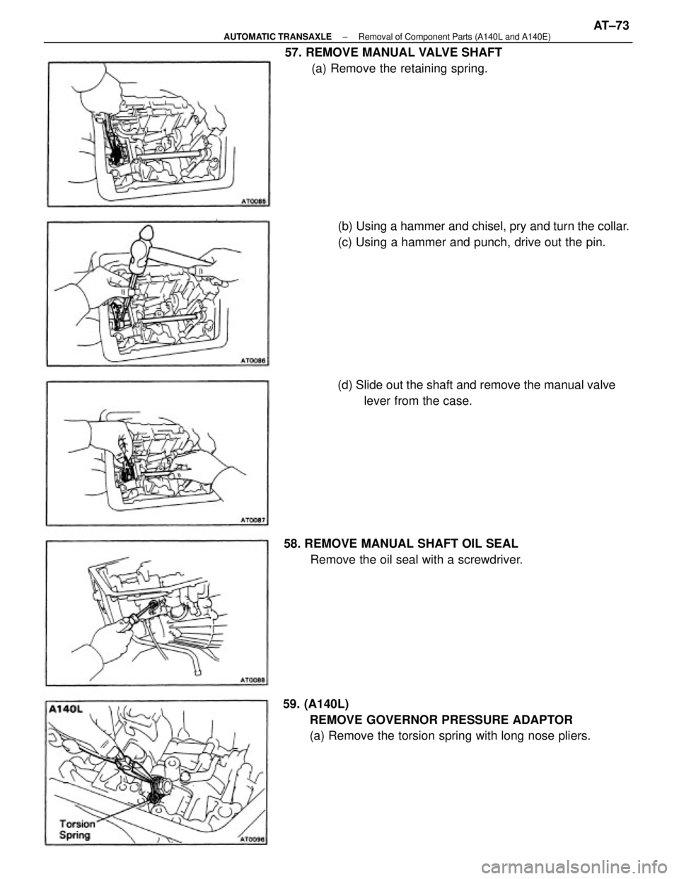 TOYOTA CAMRY V20 1986  Service Information (b) Using a hammer and chisel, pry and turn the collar.
(c) Using a hammer and punch, drive out the pin.
59. (A140L)
REMOVE GOVERNOR PRESSURE ADAPTOR
(a) Remove the torsion spring with long nose plier
