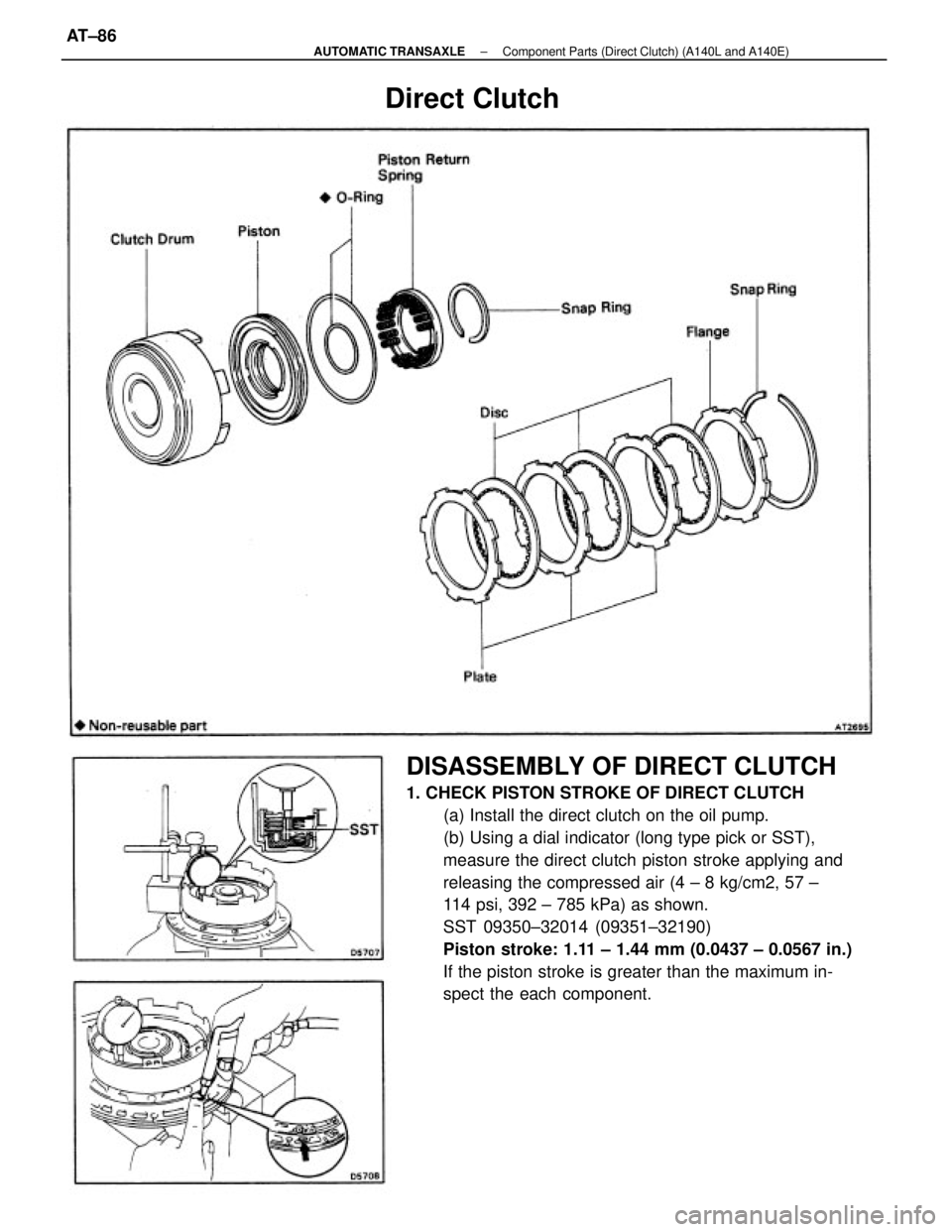 TOYOTA CAMRY V20 1986  Service Information DISASSEMBLY OF DIRECT CLUTCH
1. CHECK PISTON STROKE OF DIRECT CLUTCH
(a) Install the direct clutch on the oil pump.
(b) Using a dial indicator (long type pick or SST),
measure the direct clutch piston