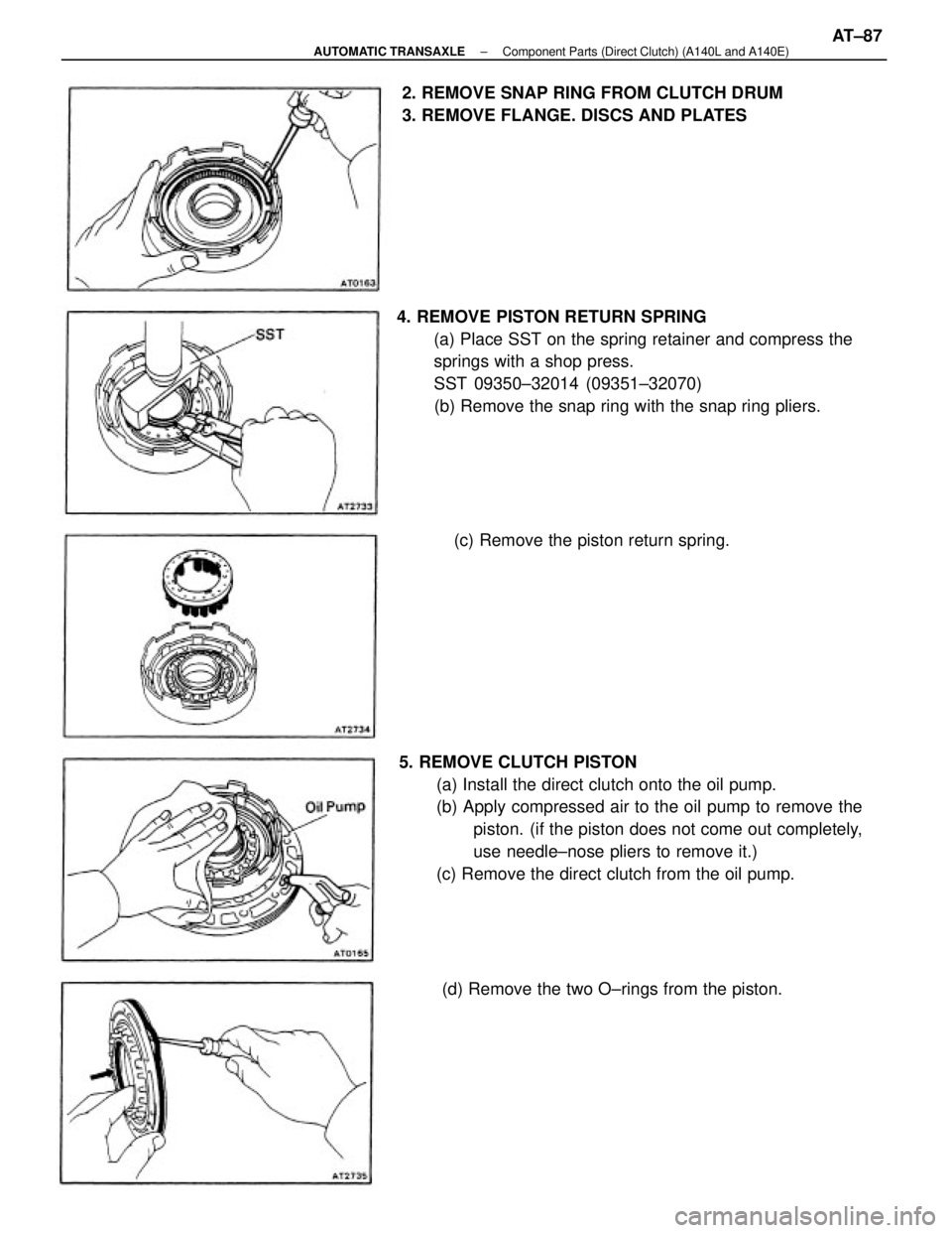 TOYOTA CAMRY V20 1986  Service Information 5. REMOVE CLUTCH PISTON
(a) Install the direct clutch onto the oil pump.
(b) Apply compressed air to the oil pump to remove the
piston. (if the piston does not come out completely,
use needle±nose pl