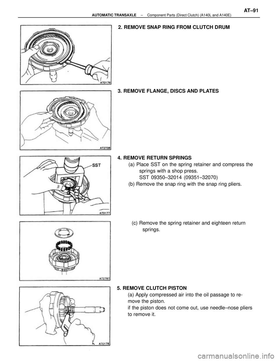 TOYOTA CAMRY V20 1986  Service Information 4. REMOVE RETURN SPRINGS
(a) Place SST on the spring retainer and compress the
springs with a shop press.
SST 09350±32014 (09351±32070)
(b) Remove the snap ring with the snap ring pliers.
5. REMOVE 