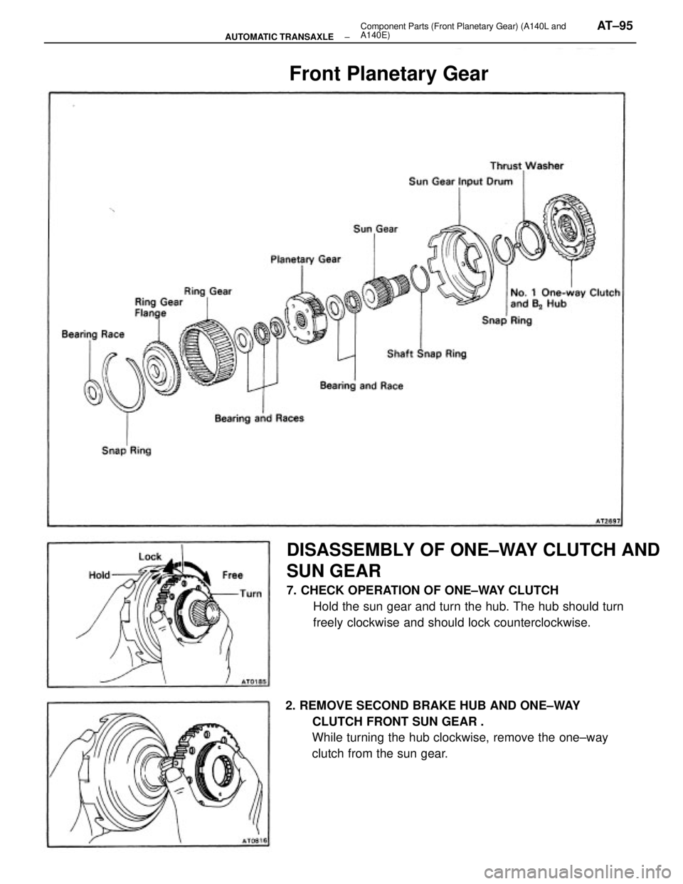 TOYOTA CAMRY V20 1986  Service Information DISASSEMBLY OF ONE±WAY CLUTCH AND
SUN GEAR
7. CHECK OPERATION OF ONE±WAY CLUTCH
Hold the sun gear and turn the hub. The hub should turn
freely clockwise and should lock counterclockwise.
2. REMOVE S