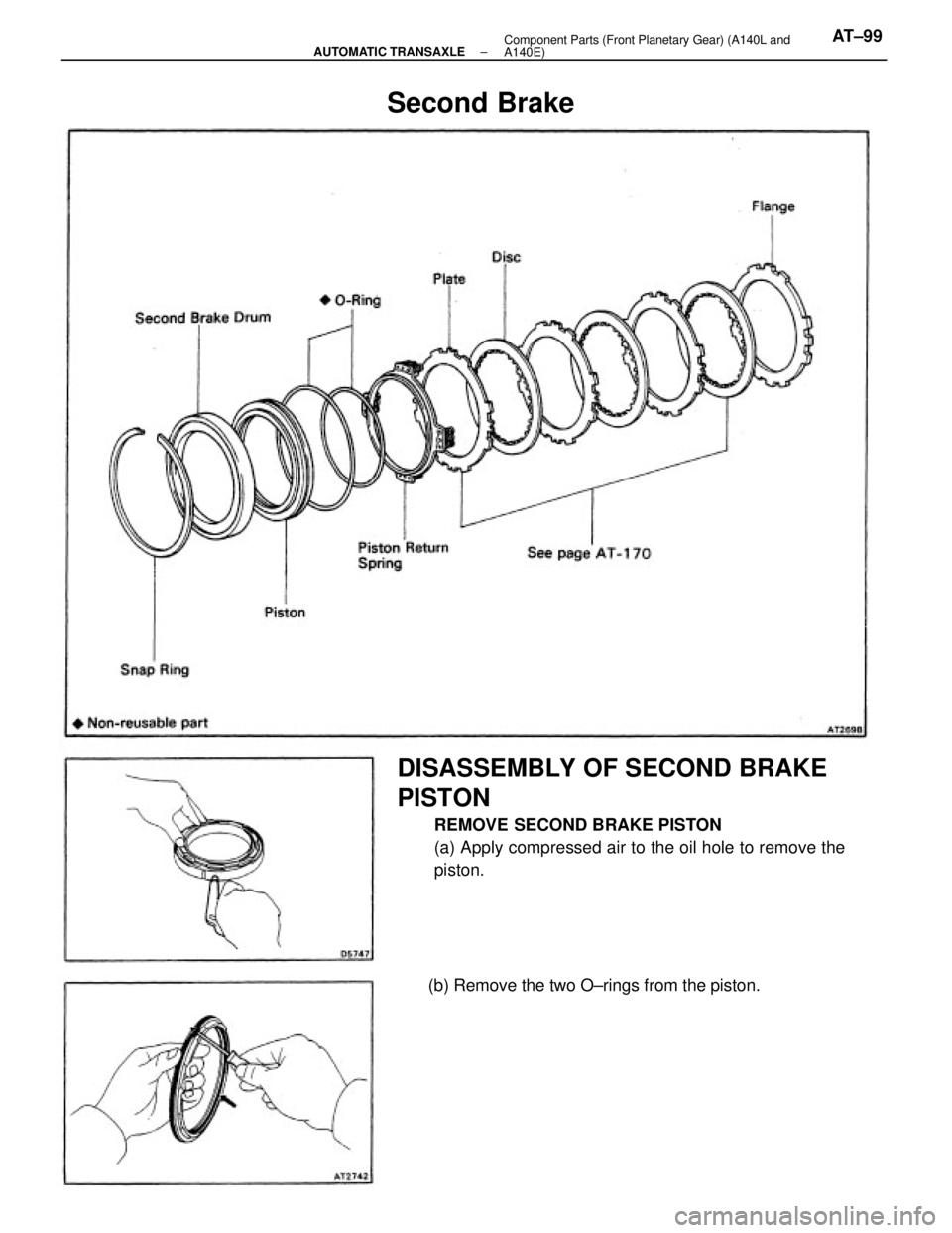 TOYOTA CAMRY V20 1986  Service Information DISASSEMBLY OF SECOND BRAKE
PISTON
REMOVE SECOND BRAKE PISTON
(a) Apply compressed air to the oil hole to remove the
piston.
(b) Remove the two O±rings from the piston.
Second Brake
± AUTOMATIC TRAN