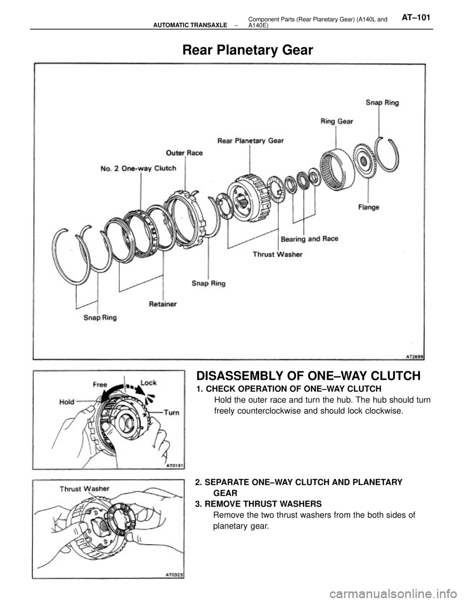 TOYOTA CAMRY V20 1986  Service Information 2. SEPARATE ONE±WAY CLUTCH AND PLANETARY
GEAR
3. REMOVE THRUST WASHERS
Remove the two thrust washers from the both sides of
planetary gear.
DISASSEMBLY OF ONE±WAY CLUTCH
1. CHECK OPERATION OF ONE±W