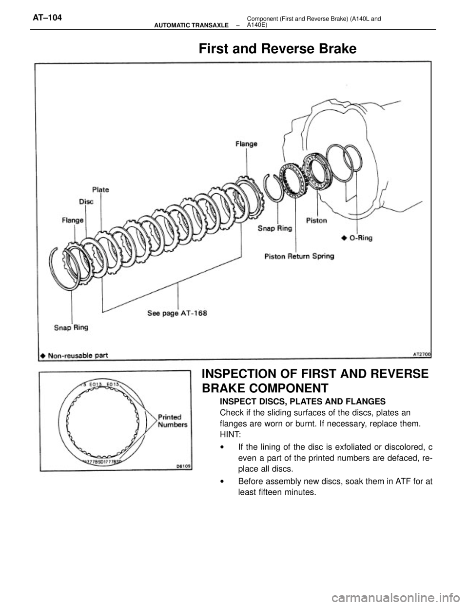 TOYOTA CAMRY V20 1986  Service Information INSPECTION OF FIRST AND REVERSE
BRAKE COMPONENT
INSPECT DISCS, PLATES AND FLANGES
Check if the sliding surfaces of the discs, plates an
flanges are worn or burnt. If necessary, replace them.
HINT:
wIf