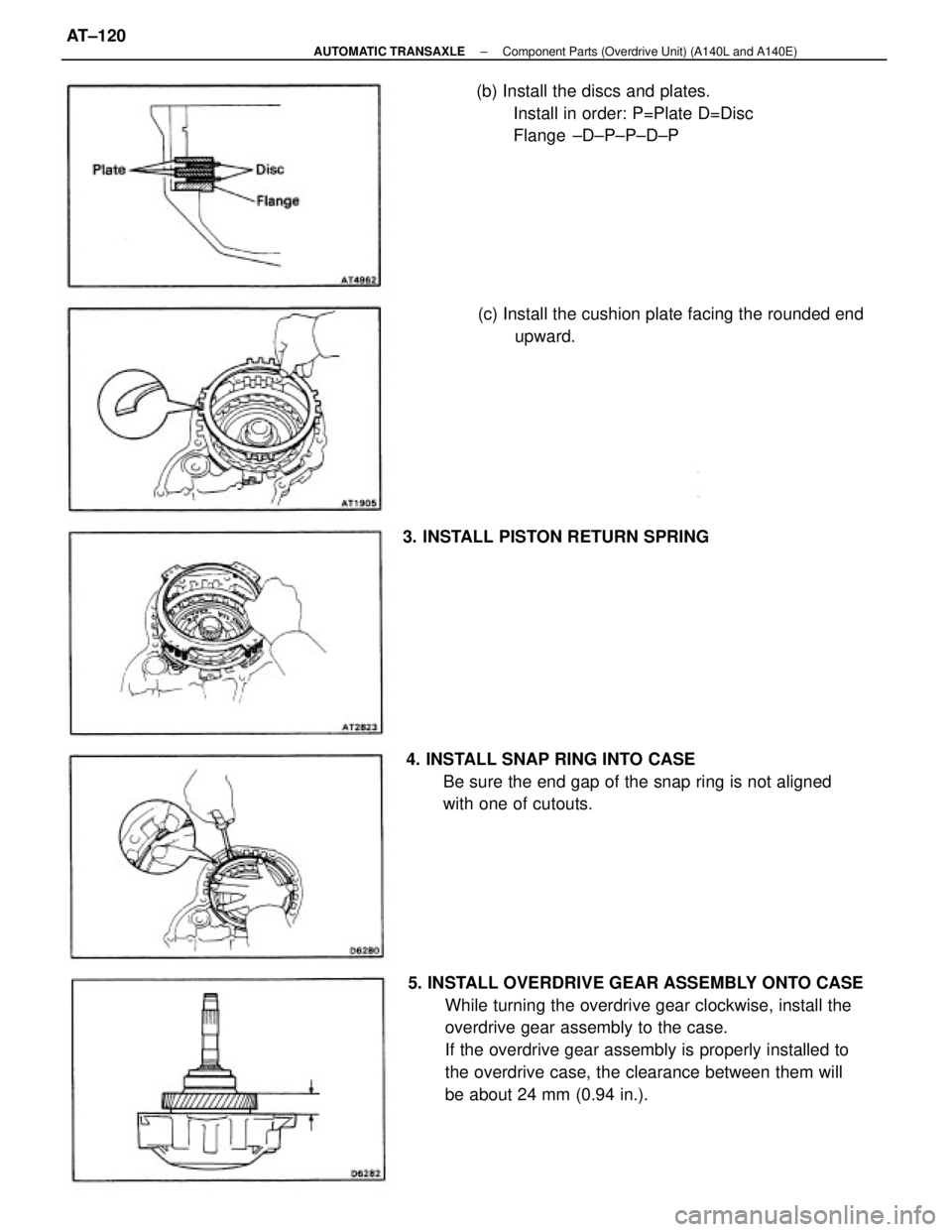 TOYOTA CAMRY V20 1986  Service Information 5. INSTALL OVERDRIVE GEAR ASSEMBLY ONTO CASE
While turning the overdrive gear clockwise, install the
overdrive gear assembly to the case.
If the overdrive gear assembly is properly installed to
the ov