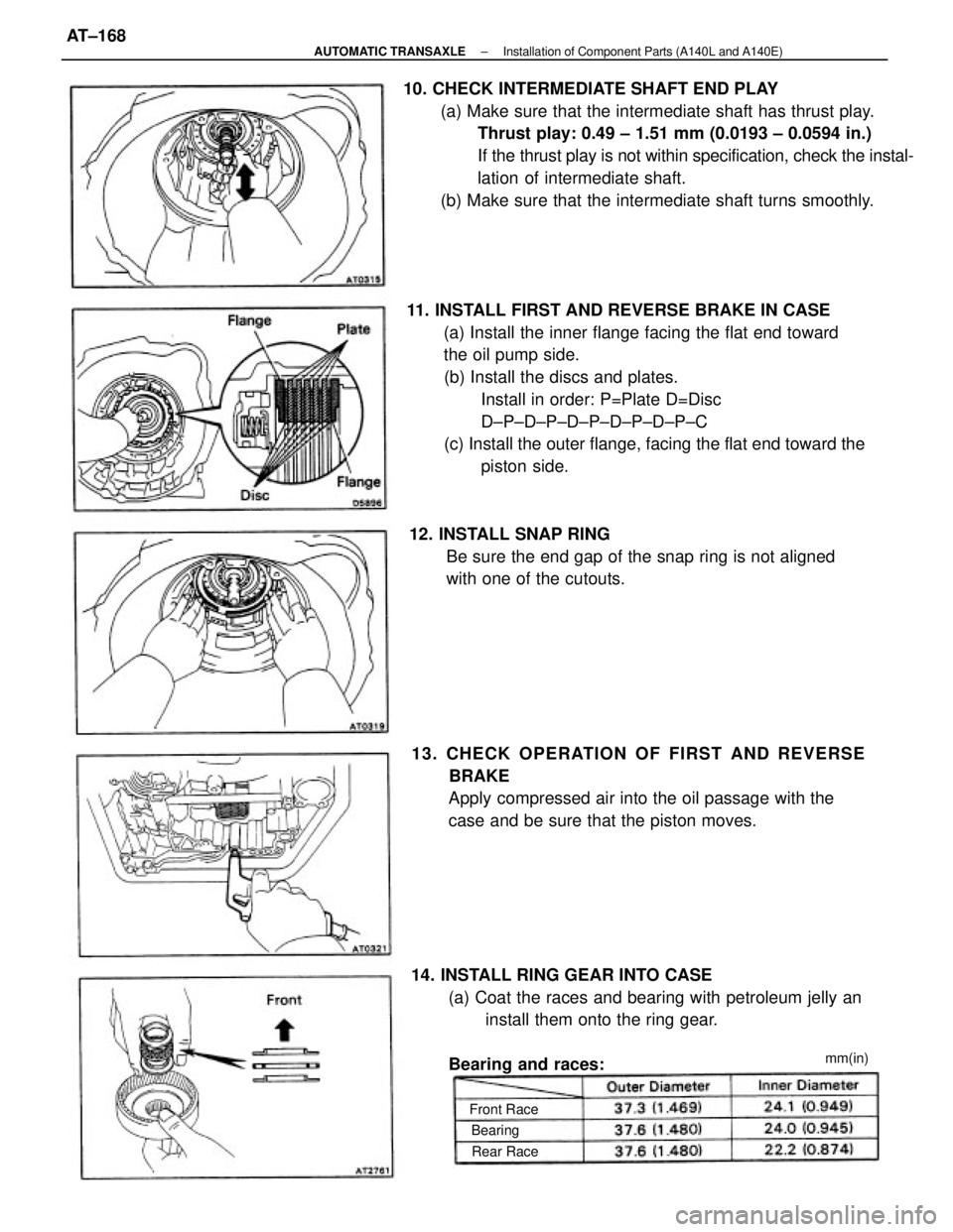 TOYOTA CAMRY V20 1986  Service Information 11. INSTALL FIRST AND REVERSE BRAKE IN CASE
(a) Install the inner flange facing the flat end toward
the oil pump side.
(b) Install the discs and plates.
Install in order: P=Plate D=Disc
D±P±D±P±D