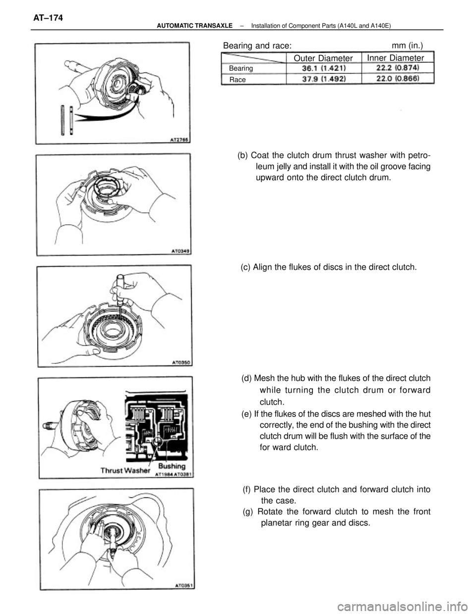 TOYOTA CAMRY V20 1986  Service Information (d) Mesh the hub with the flukes of the direct clutch
while turning the clutch drum or forward
clutch.
(e) If the flukes of the discs are meshed with the hut
correctly, the end of the bushing with the