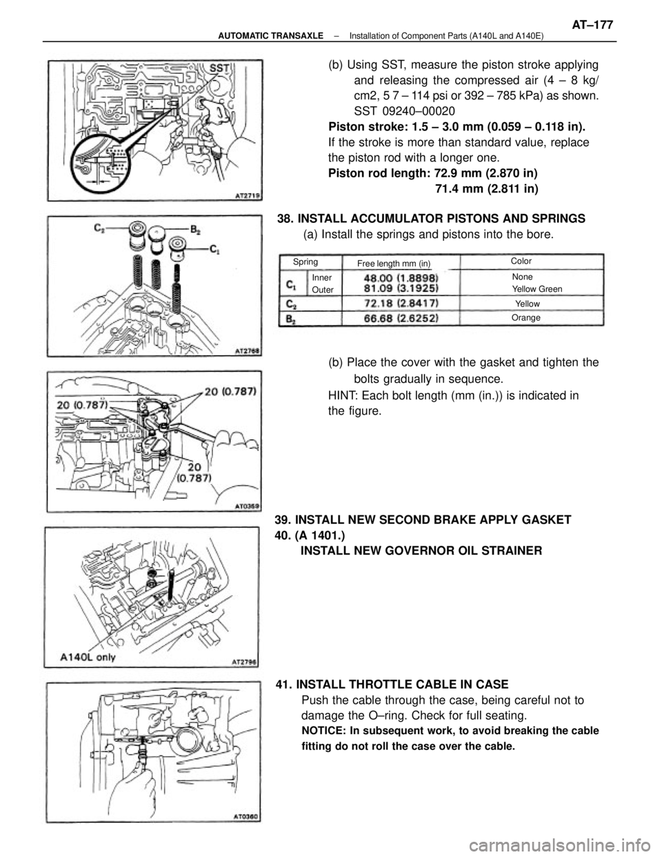 TOYOTA CAMRY V20 1986 Service Information (b) Using SST, measure the piston stroke applying
and releasing the compressed air (4 ± 8 kg/
cm2, 5 7 ± 114 psi or 392 ± 785 kPa) as shown.
SST 09240±00020
Piston stroke: 1.5 ± 3.0 mm (0.059 ± TOYOTA CAMRY V20 1986 Service Information (b) Using SST, measure the piston stroke applying
and releasing the compressed air (4 ± 8 kg/
cm2, 5 7 ± 114 psi or 392 ± 785 kPa) as shown.
SST 09240±00020
Piston stroke: 1.5 ± 3.0 mm (0.059 ±