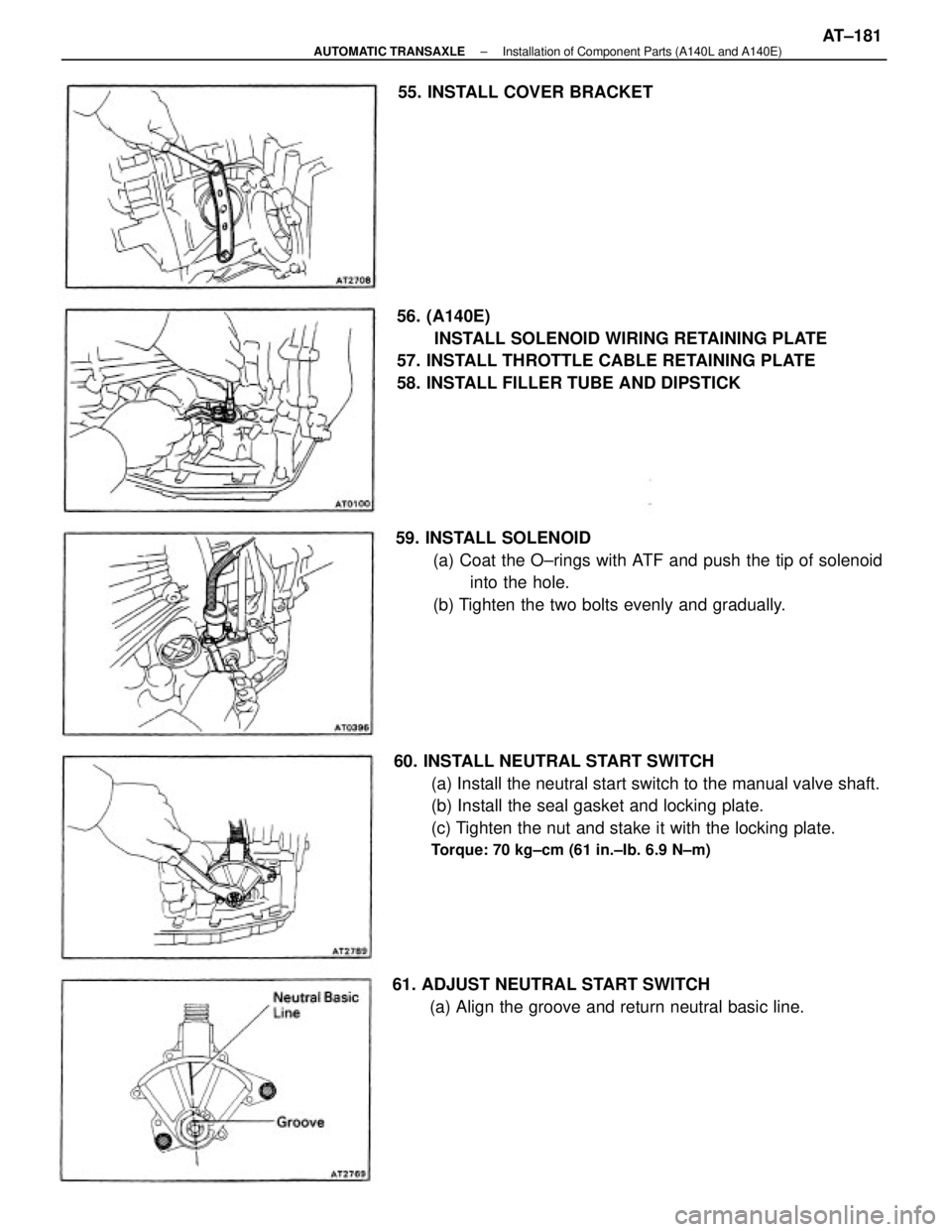 TOYOTA CAMRY V20 1986  Service Information 60. INSTALL NEUTRAL START SWITCH
(a) Install the neutral start switch to the manual valve shaft.
(b) Install the seal gasket and locking plate.
(c) Tighten the nut and stake it with the locking plate.