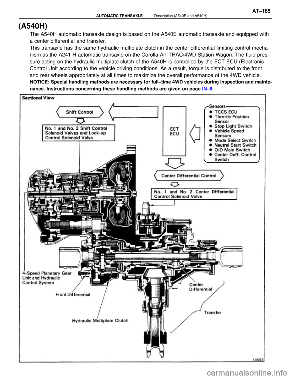 TOYOTA CAMRY V20 1986  Service Information (A540H)
The A540H automatic transaxle design is based on the A540E automatic transaxle and equipped with
a center differential and transfer.
This transaxle has the same hydraulic multiplate clutch in 